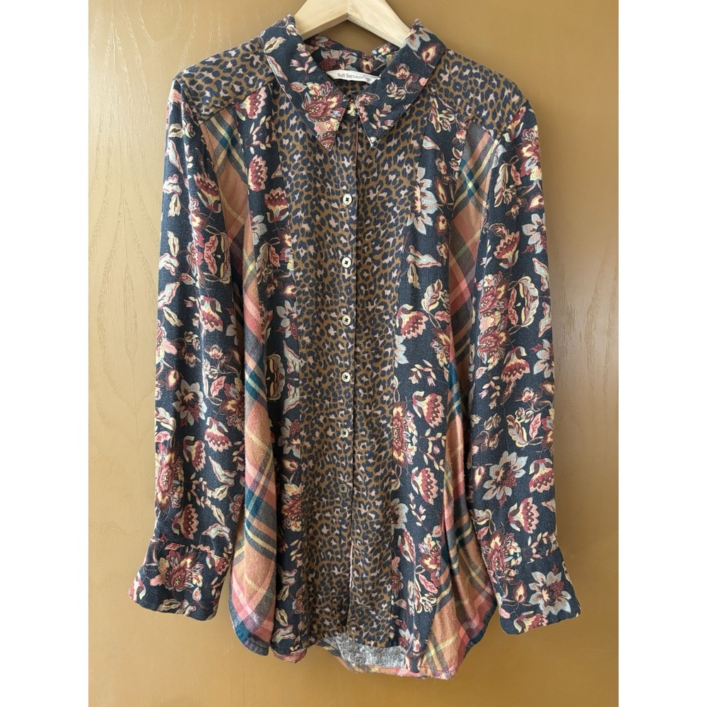 Soft Surroundings Patchwork Blouse PM Petite Medium Floral Leopard Plaid Mixed